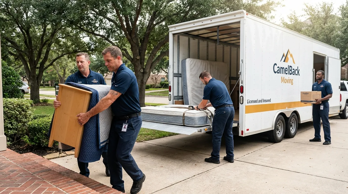 Crew loading residential truck for cross-state move from Finley, ND