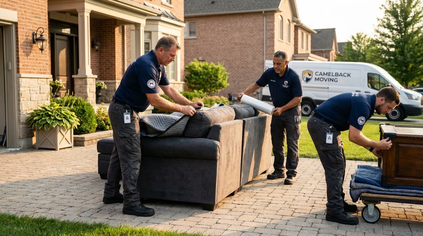 Large estate moving crew wrapping furniture in Finley, ND