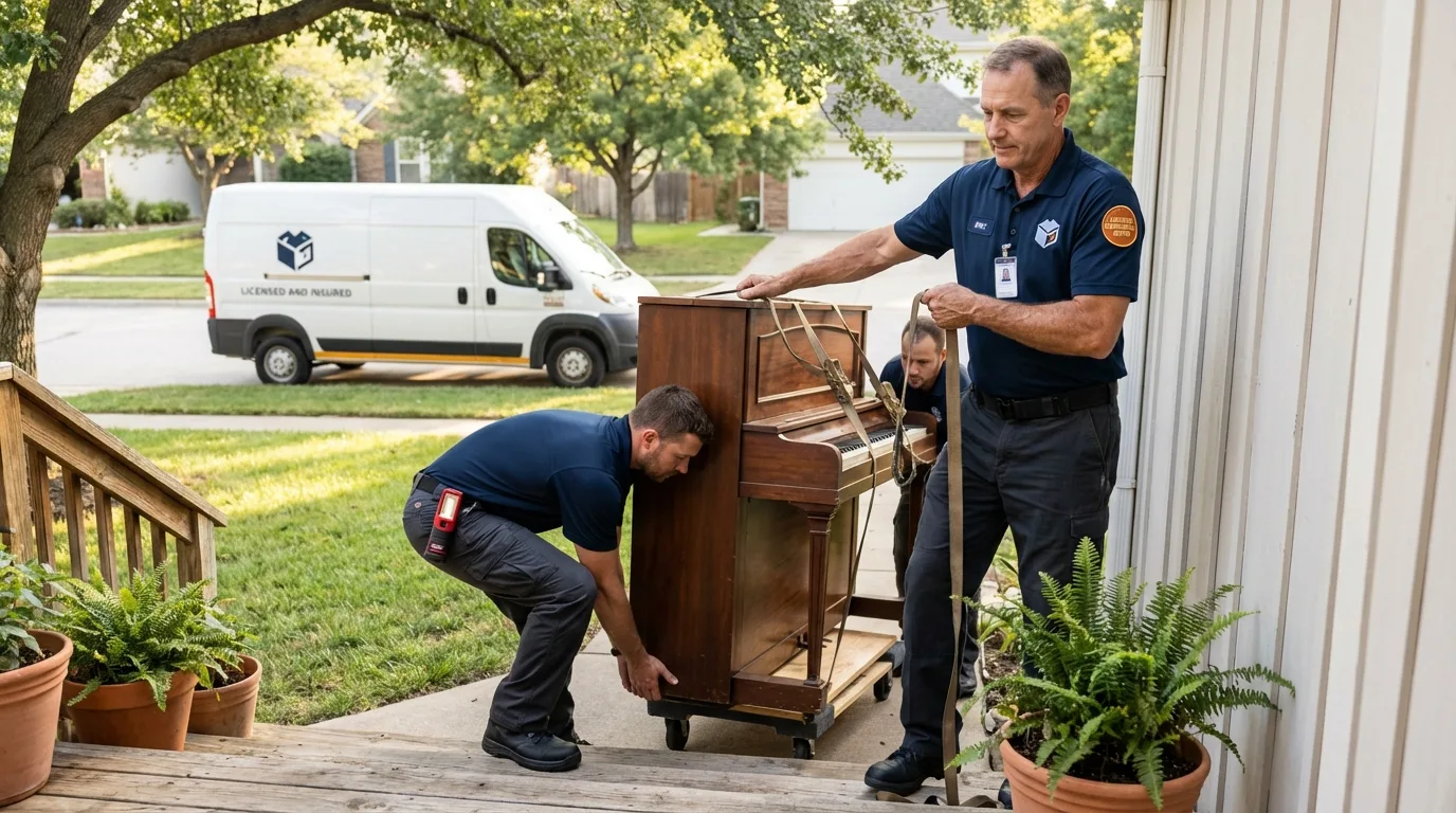 Licensed piano movers securing grand piano in Finley, ND