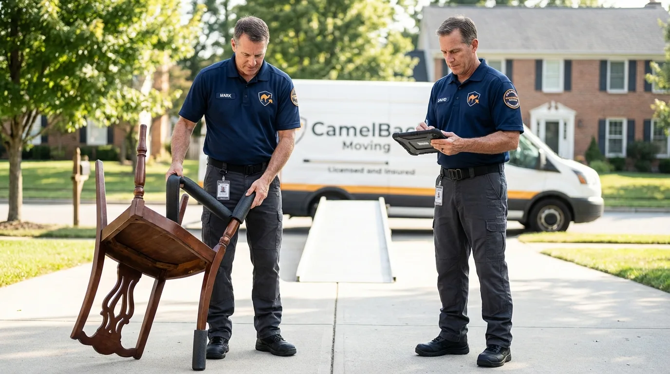 Movers inspecting furniture for damage prevention before loading in Finley, ND