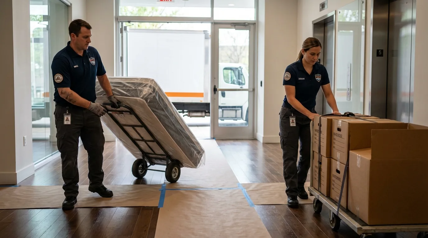 Professional apartment movers loading elevator in Finley, ND